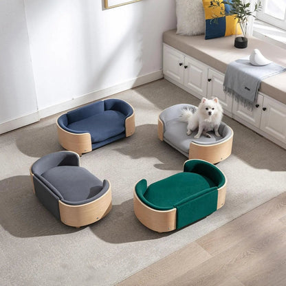 Modern Elevated Pet Sofa Bed with Wood Legs, Velvet Cushion, Washable Cover