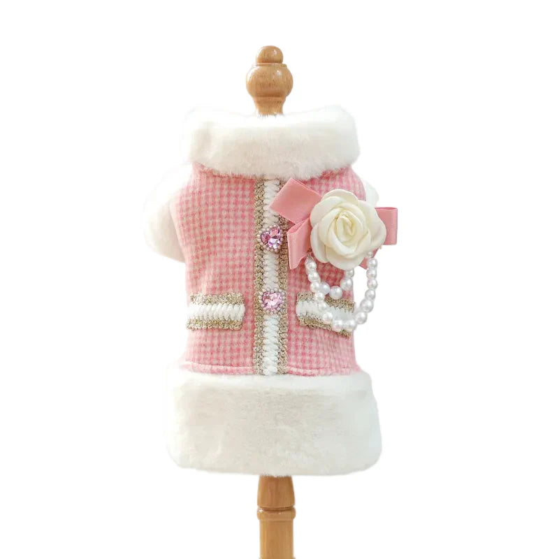 Luxury Pink Plaid Dog Coat with Faux Fur Collar, Rose & Pearls