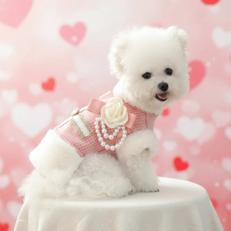Luxury Pink Plaid Dog Coat with Faux Fur Collar, Rose & Pearls