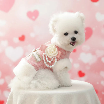 Luxury Pink Plaid Dog Coat with Faux Fur Collar, Rose & Pearls