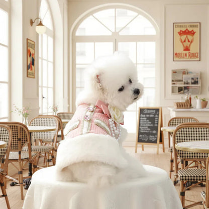 Luxury Pink Plaid Dog Coat with Faux Fur Collar, Rose & Pearls