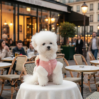 Luxury Pink Plaid Dog Coat with Faux Fur Collar, Rose & Pearls