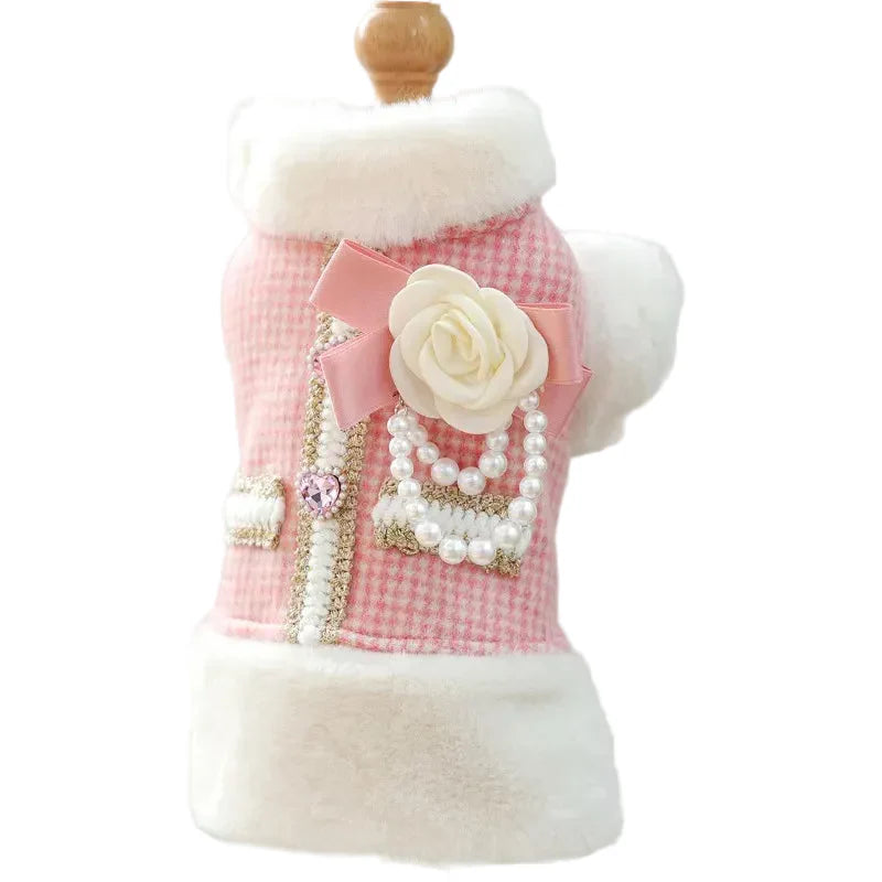 Luxury Pink Plaid Dog Coat with Faux Fur Collar, Rose & Pearls