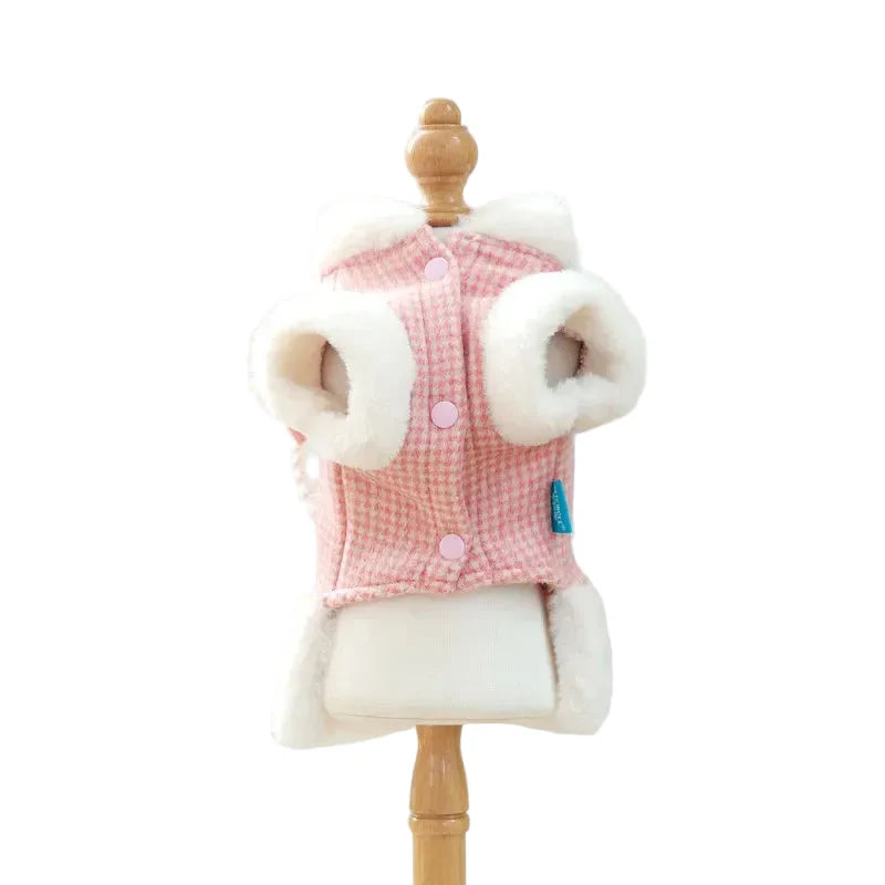 Luxury Pink Plaid Dog Coat with Faux Fur Collar, Rose & Pearls